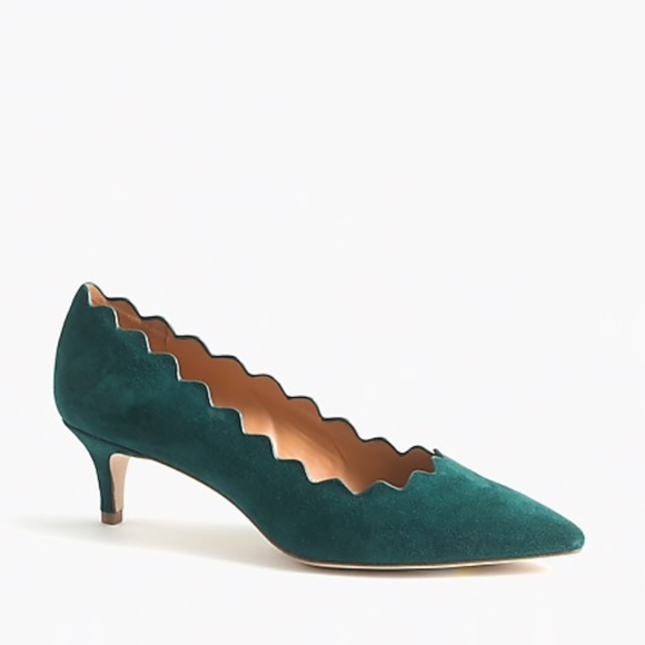 J. Crew Factory Shoes - New J.CREW Scalloped Kitten Heel Pumps Green Suede